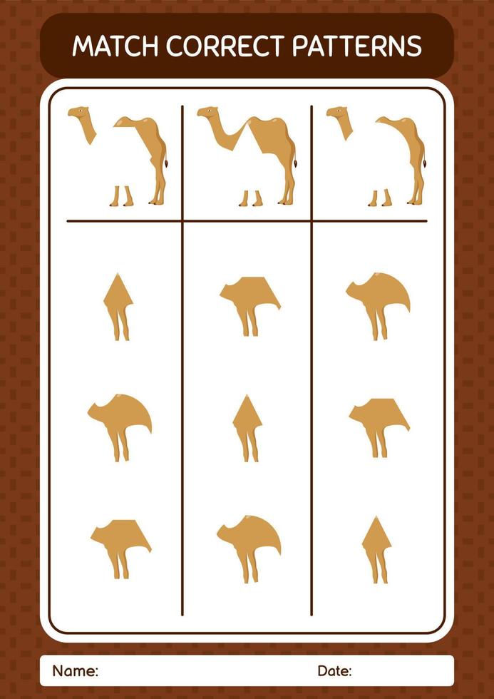 Match pattern game with camel. worksheet for preschool kids, kids activity sheet vector