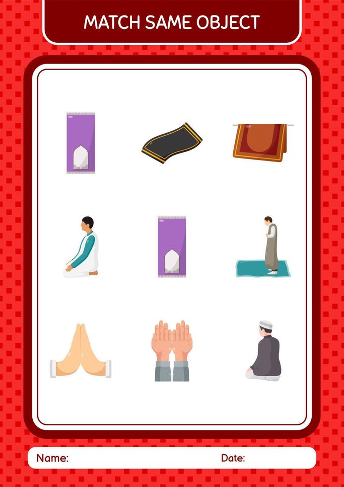Match with same object game ramadan icon. worksheet for preschool kids, kids activity sheet vector