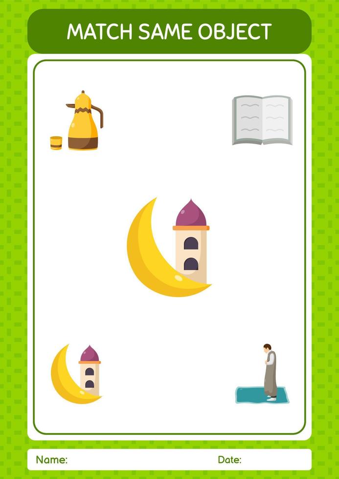 Match with same object game ramadan icon. worksheet for preschool kids, kids activity sheet vector