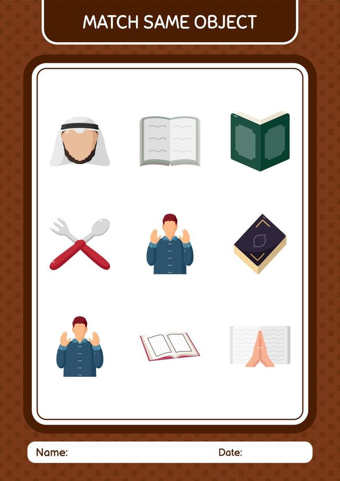Match with same object game ramadan icon. worksheet for preschool kids, kids activity sheet vector