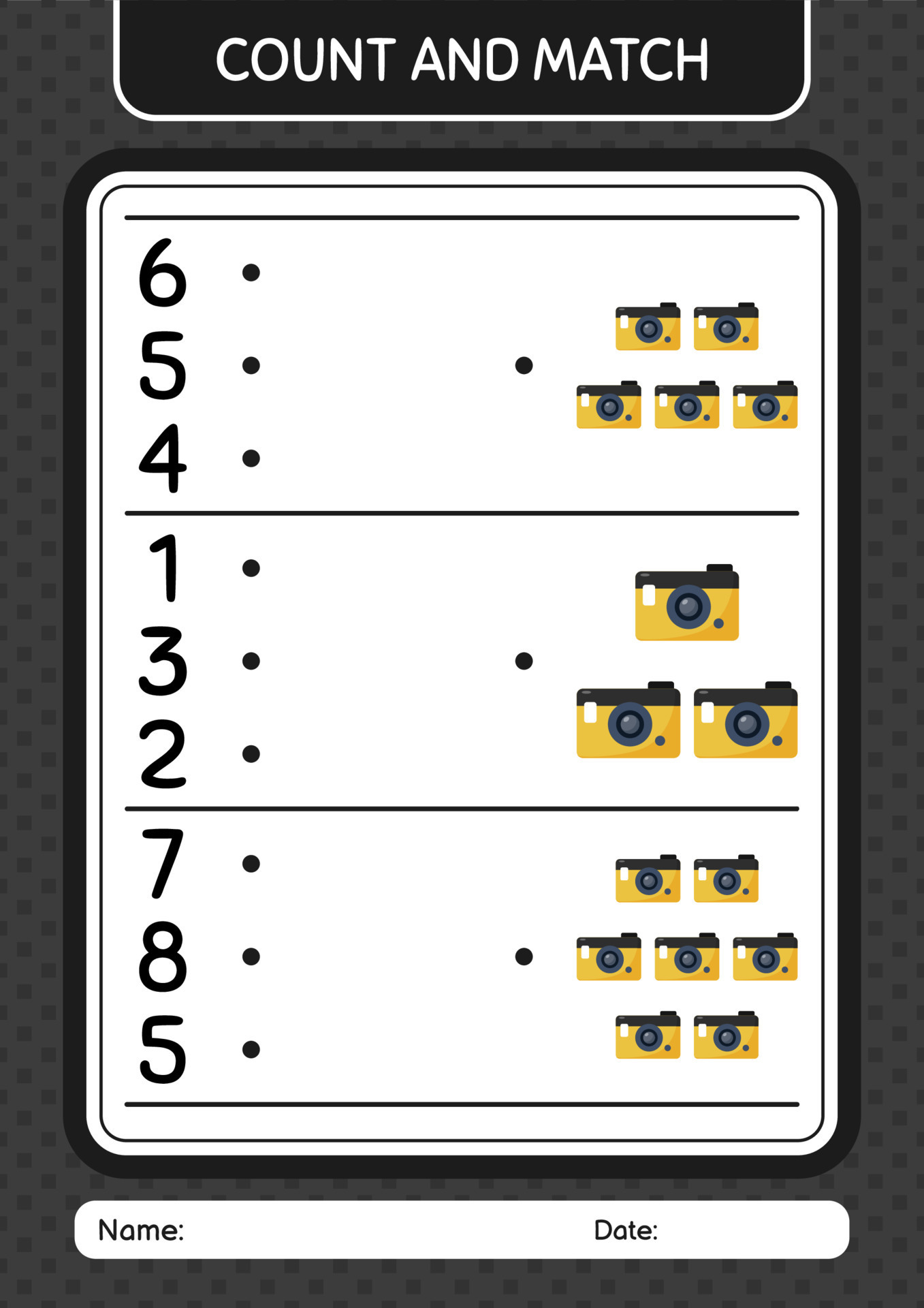 Count and match game with camera. worksheet for preschool kids, kids