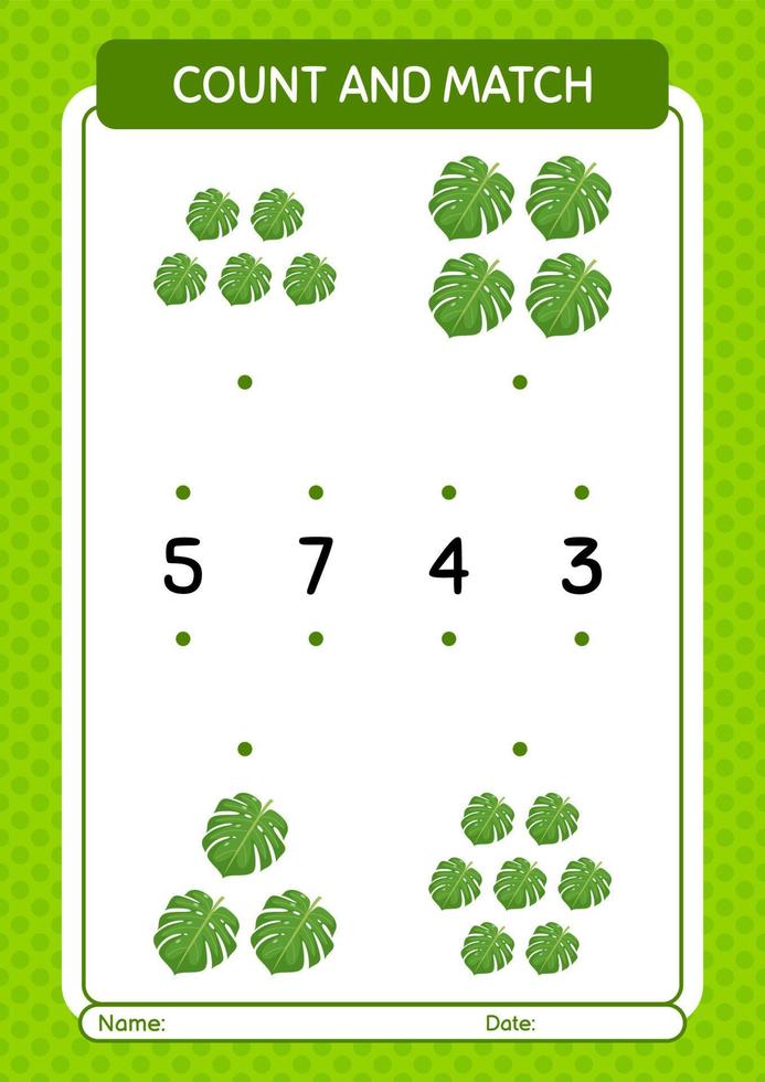 cuenta y combina el juego con la hoja de monstera. hoja de trabajo para niños en edad preescolar, hoja de actividades para niños vector