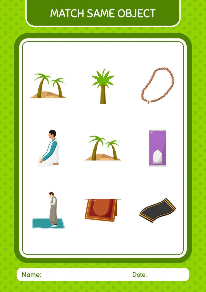 Match with same object game ramadan icon. worksheet for preschool kids, kids activity sheet vector