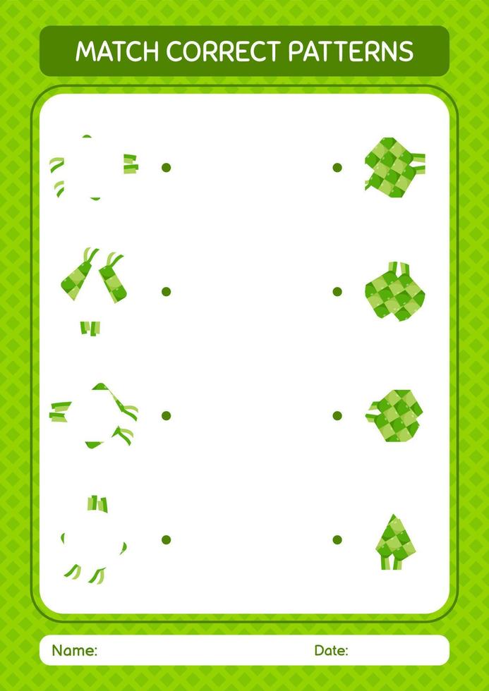 juego de patrones de coincidencia con ketupat. hoja de trabajo para niños en edad preescolar, hoja de actividades para niños vector