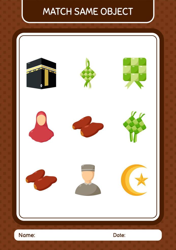 combinar con el mismo icono de Ramadán del juego de objetos. hoja de trabajo para niños en edad preescolar, hoja de actividades para niños vector