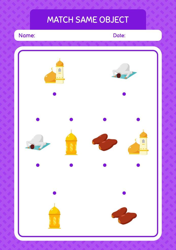Match with same object game ramadan icon. worksheet for preschool kids, kids activity sheet vector