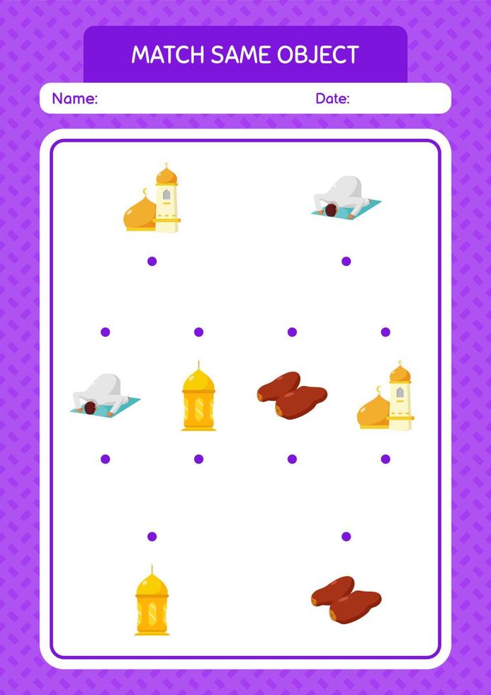 combinar con el mismo icono de Ramadán del juego de objetos. hoja de trabajo para niños en edad preescolar, hoja de actividades para niños vector