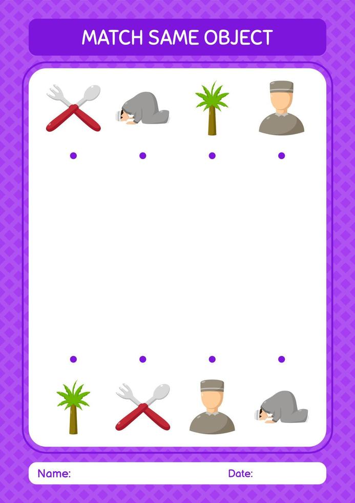 Match with same object game ramadan icon. worksheet for preschool kids, kids activity sheet vector