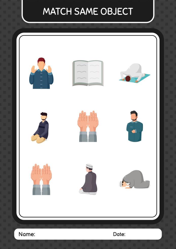 Match with same object game ramadan icon. worksheet for preschool kids, kids activity sheet vector