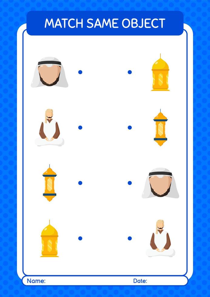 combinar con el mismo icono de Ramadán del juego de objetos. hoja de trabajo para niños en edad preescolar, hoja de actividades para niños vector