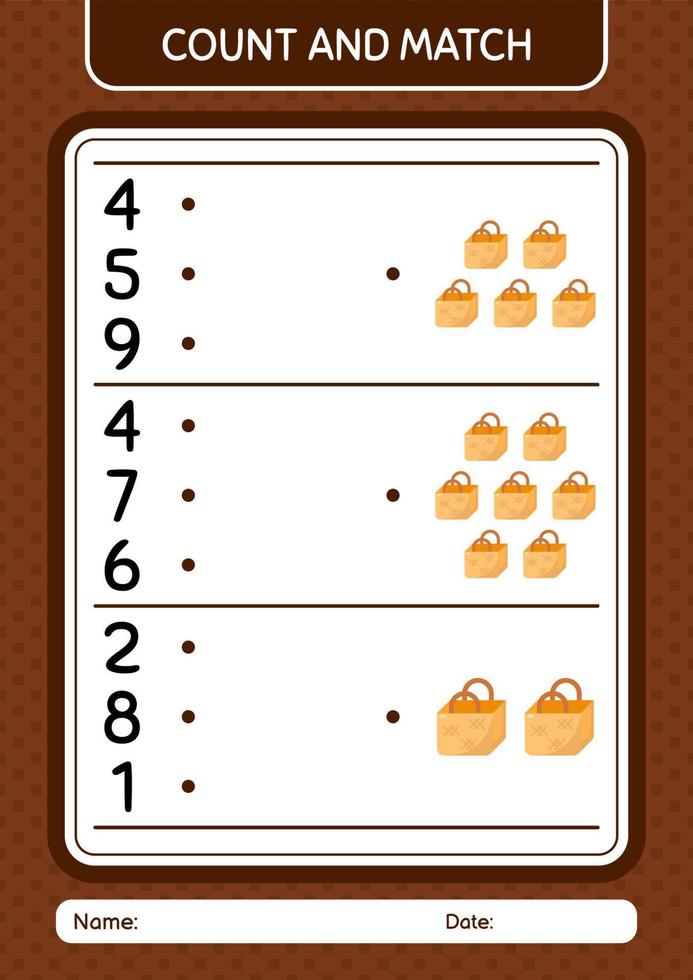 Count and match game with basket bag. worksheet for preschool kids, kids activity sheet vector