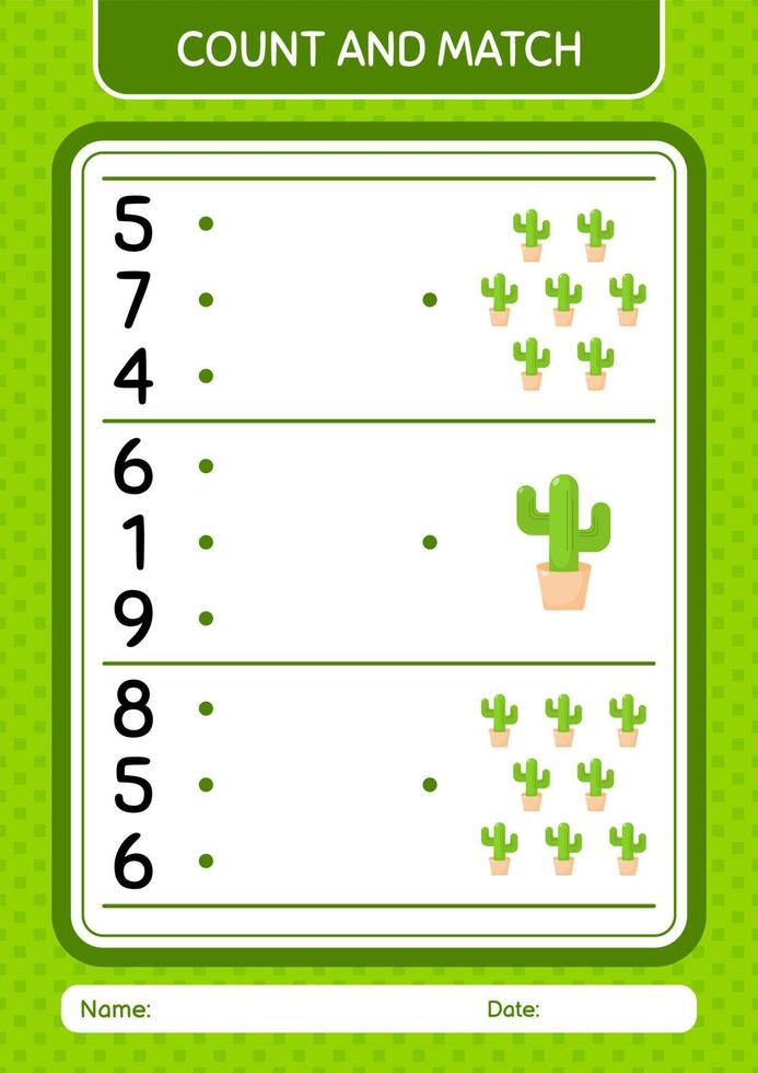 Count and match game with cactus. worksheet for preschool kids, kids activity sheet vector