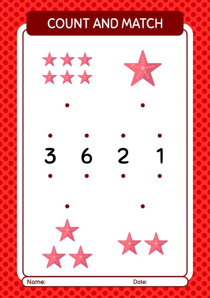 Count and match game with seastar. worksheet for preschool kids, kids activity sheet vector