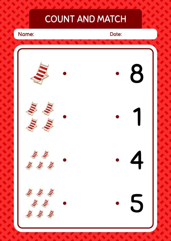 Count and match game with beach bench. worksheet for preschool kids, kids activity sheet vector