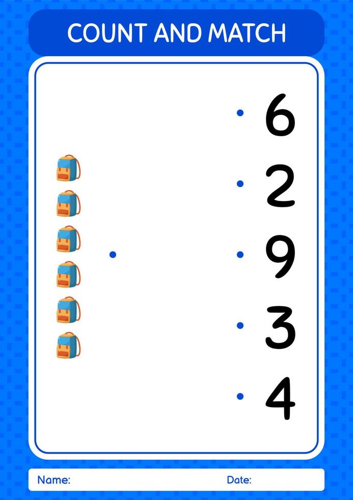 Count and match game with backpack. worksheet for preschool kids, kids activity sheet vector