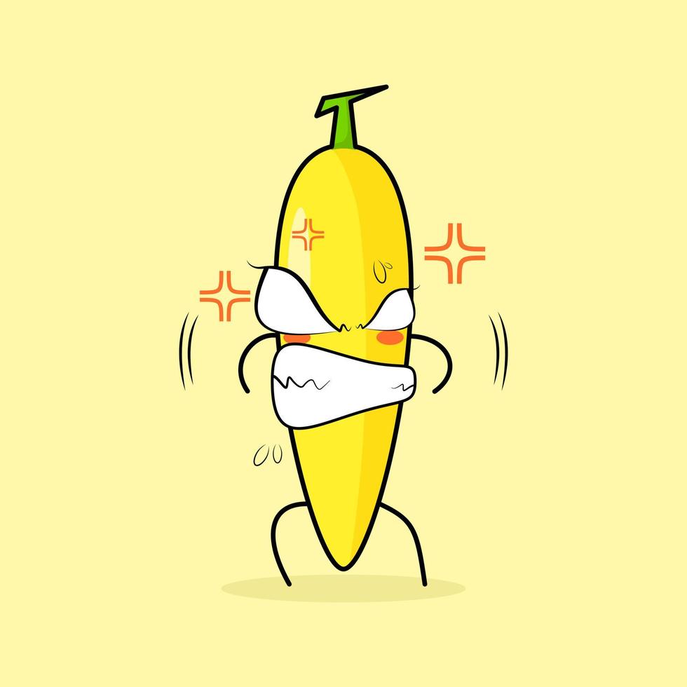 cute banana character with angry expression. eyes bulging and grinning. suitable for emoticon, logo, mascot and sticker. green and yellow vector