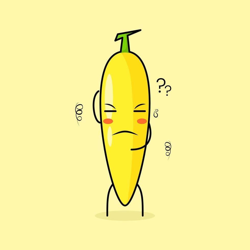 cute banana character with thinking expression, one hand on head and close eyes. green and yellow. suitable for emoticon, logo, mascot vector