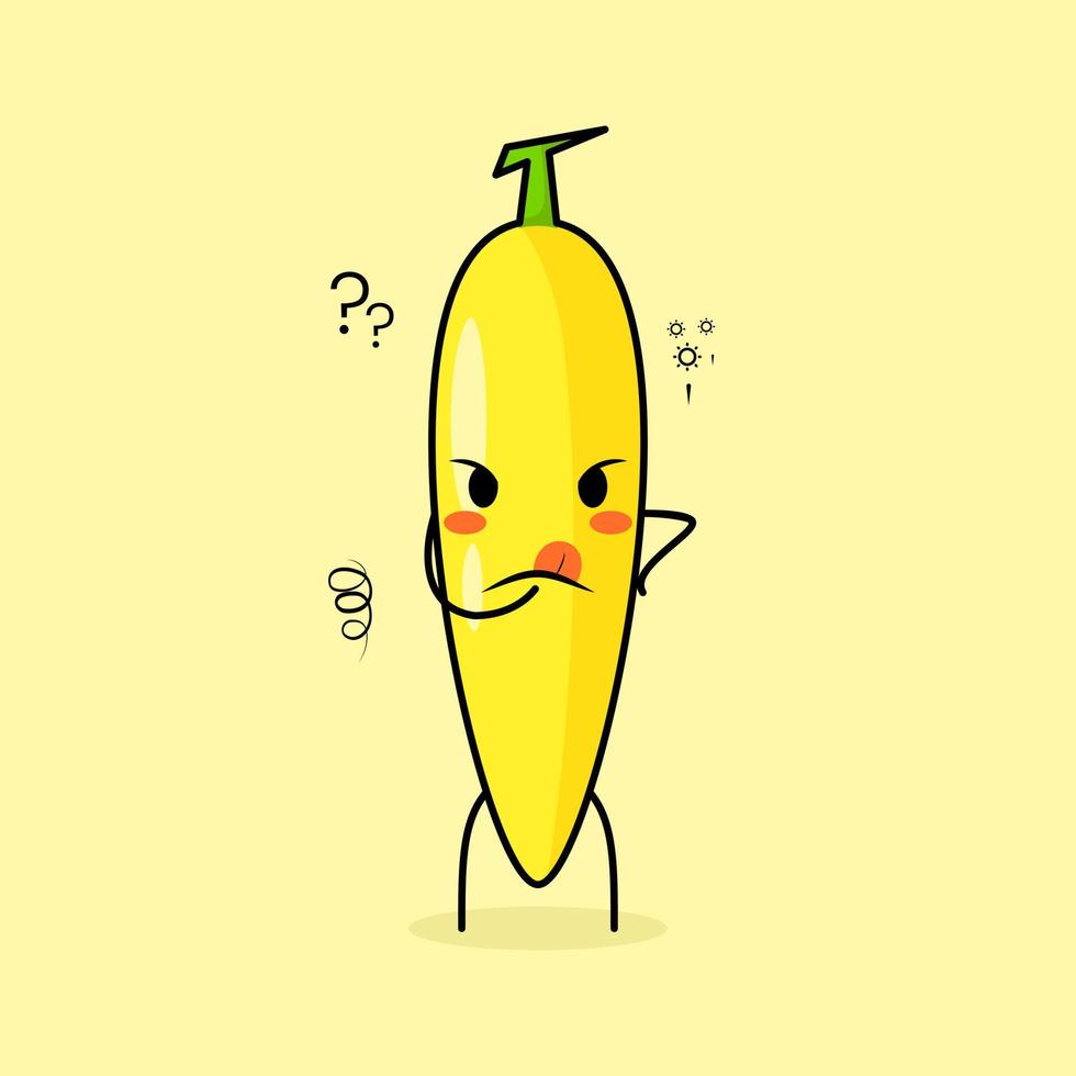 cute banana character with thinking expression and hand placed on chin. green and yellow. suitable for emoticon, logo, mascot vector