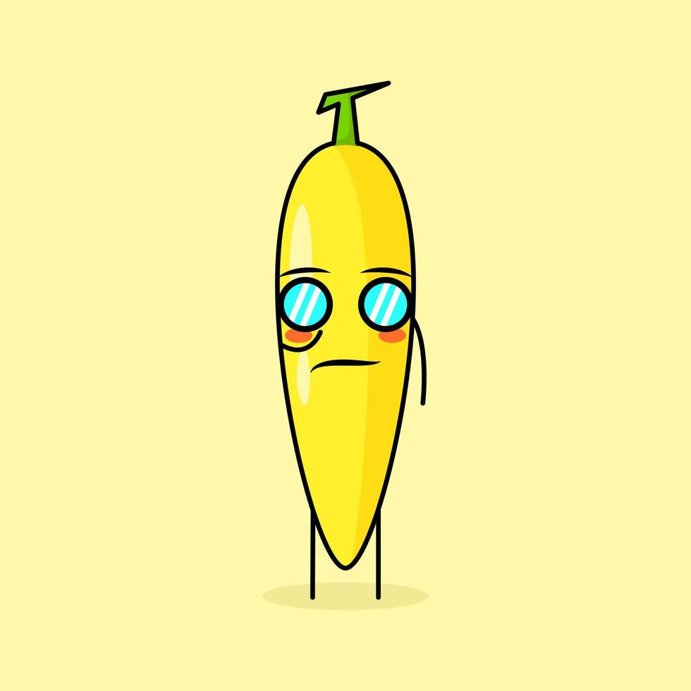 cute banana character with cool expression and eyeglasses. green and yellow. suitable for emoticon, logo, mascot or sticker vector