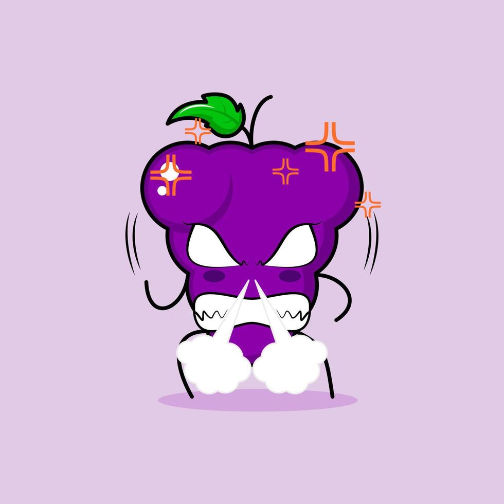 lindo personaje de uva con expresión enojada. la nariz echando humo, los ojos saltones y sonriendo. verde y morado. adecuado para emoticonos, logotipos, mascotas vector