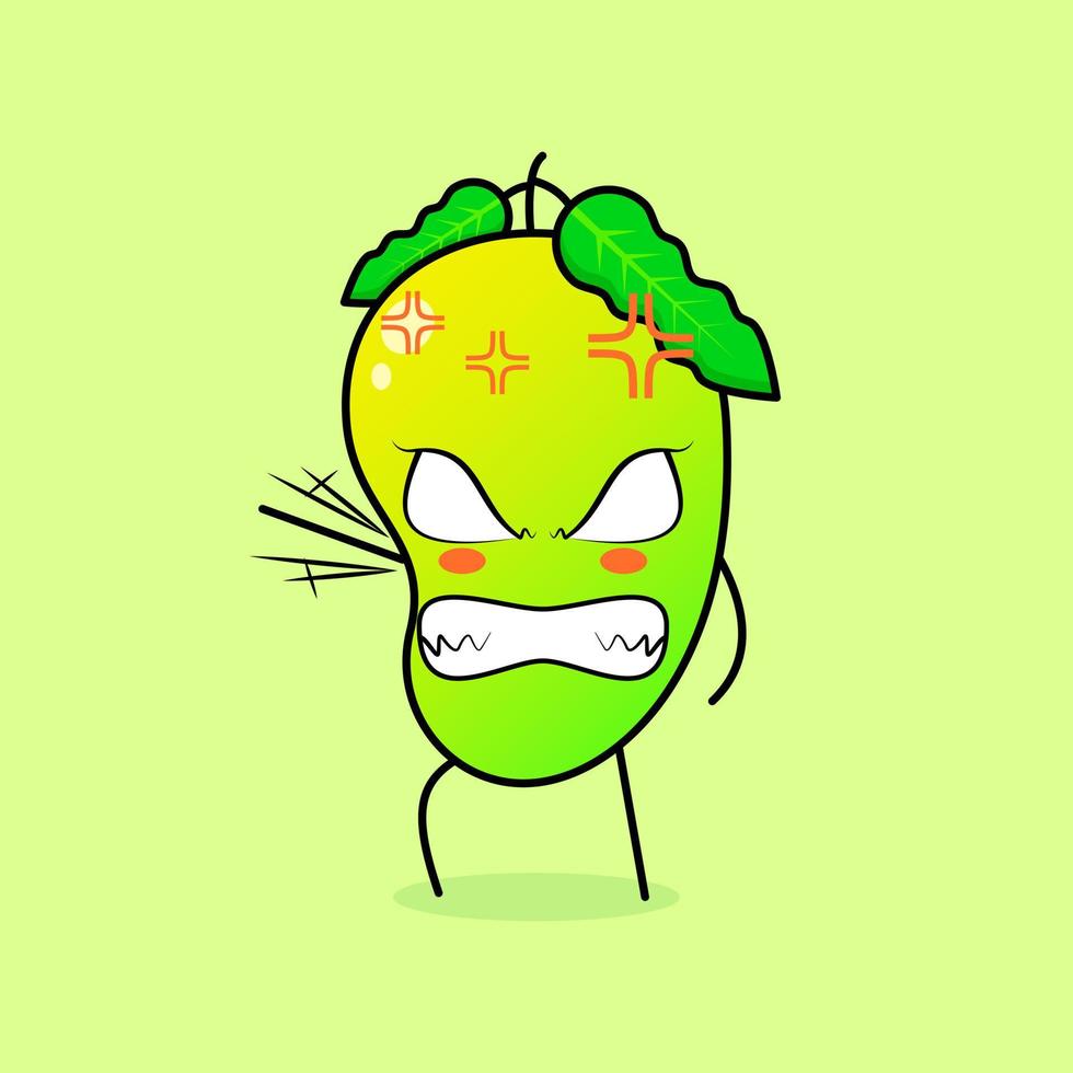 lindo personaje de mango con expresión enojada. verde y naranja. adecuado para emoticono, logo, mascota. una mano levantada, ojos saltones y sonriente vector