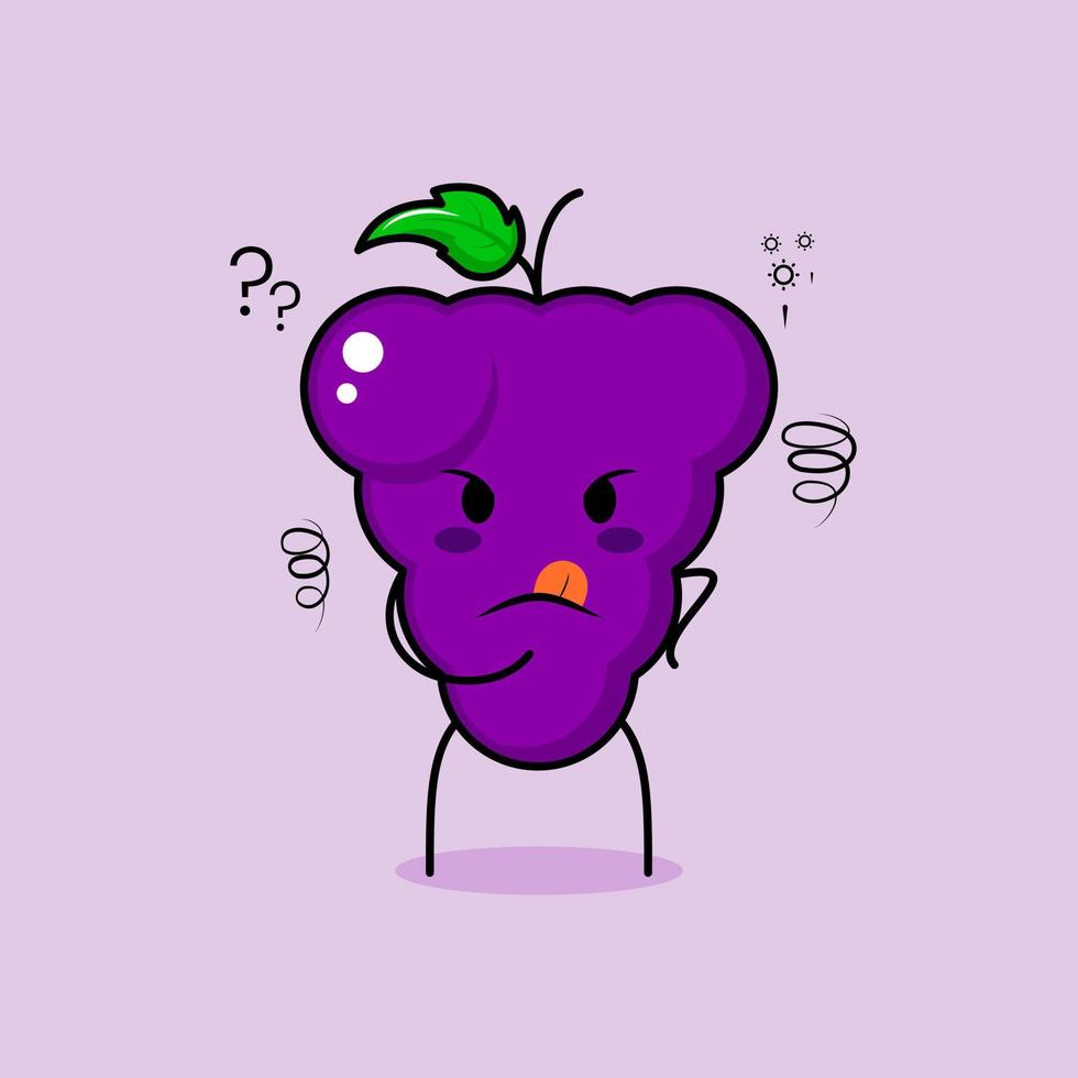 cute grape character with thinking expression and hand placed on chin. green and purple. suitable for emoticon, logo, mascot vector