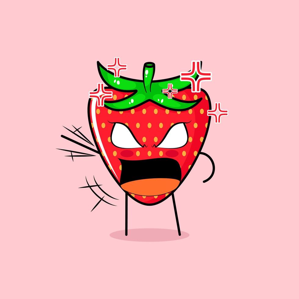 lindo personaje de fresa con expresión enojada. verde y rojo. adecuado para emoticono, logo, mascota. una mano levantada, ojos saltones y boca abierta vector