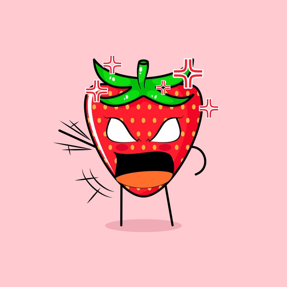 cute strawberry character with angry expression. green and red. suitable for emoticon, logo, mascot. one hand raised, eyes bulging and mouth wide open vector