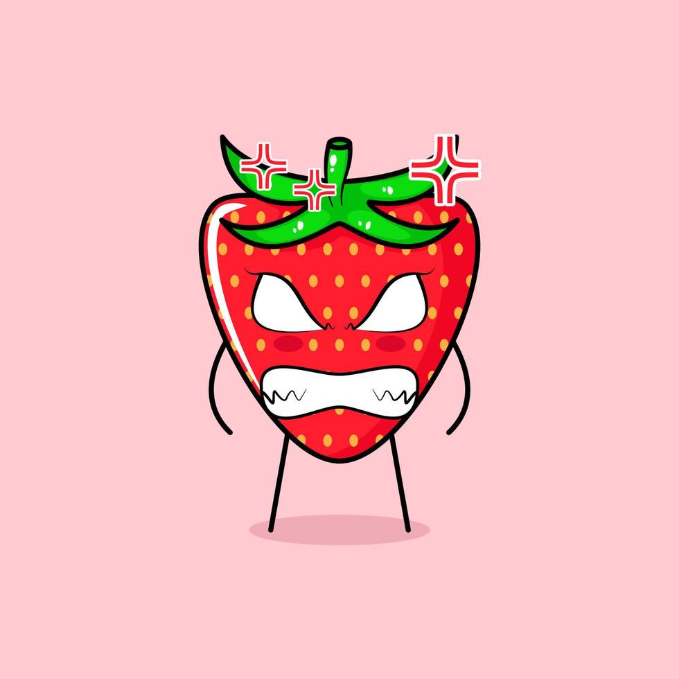 cute strawberry character with angry expression. eyes bulging and grinning. green and red. suitable for emoticon, logo, mascot vector