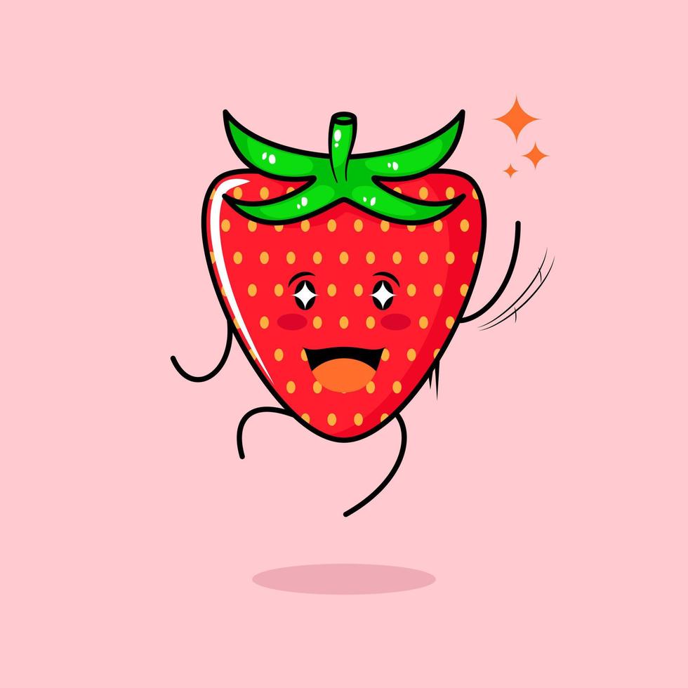 lindo personaje de manzana roja con sonrisa y expresión feliz, salto, una mano arriba, boca abierta y ojos brillantes. verde y rojo. adecuado para emoticonos, logotipos, mascotas e iconos vector