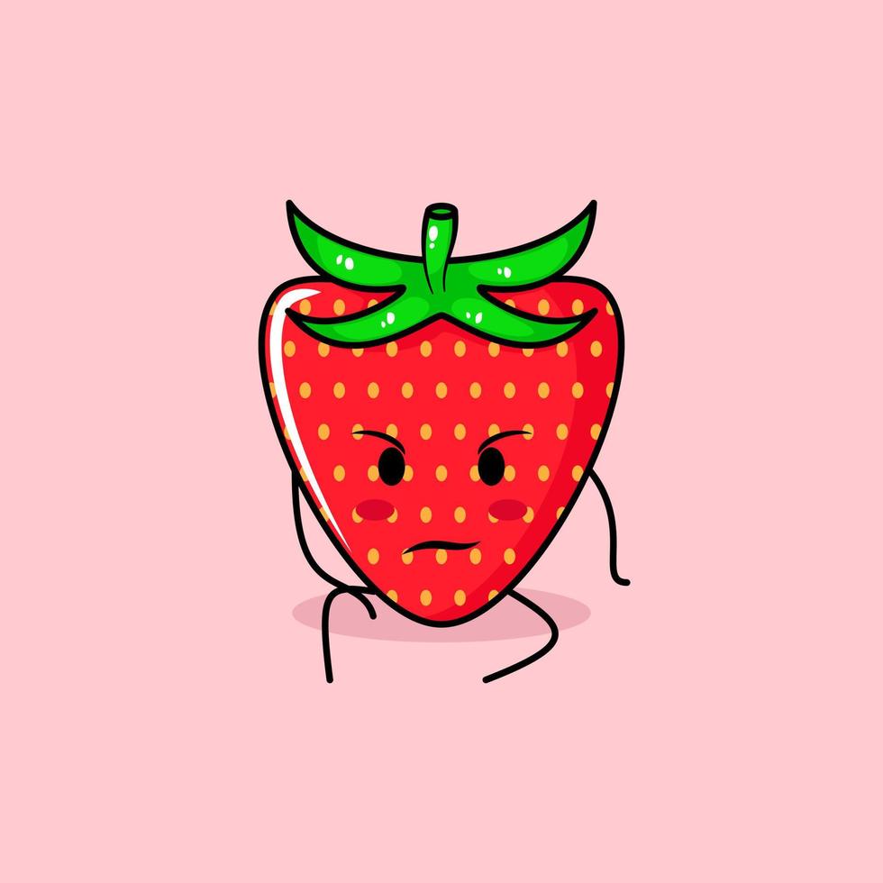 cute strawberry character with intimidation expression and sit down. green and red. suitable for emoticon, logo, mascot vector