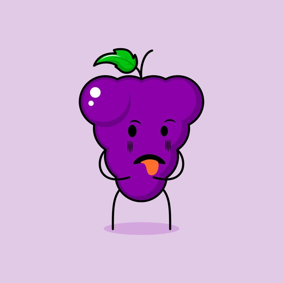 cute grape character with disgusting expression and tongue sticking out. green and purple. suitable for emoticon, logo, mascot and icon vector