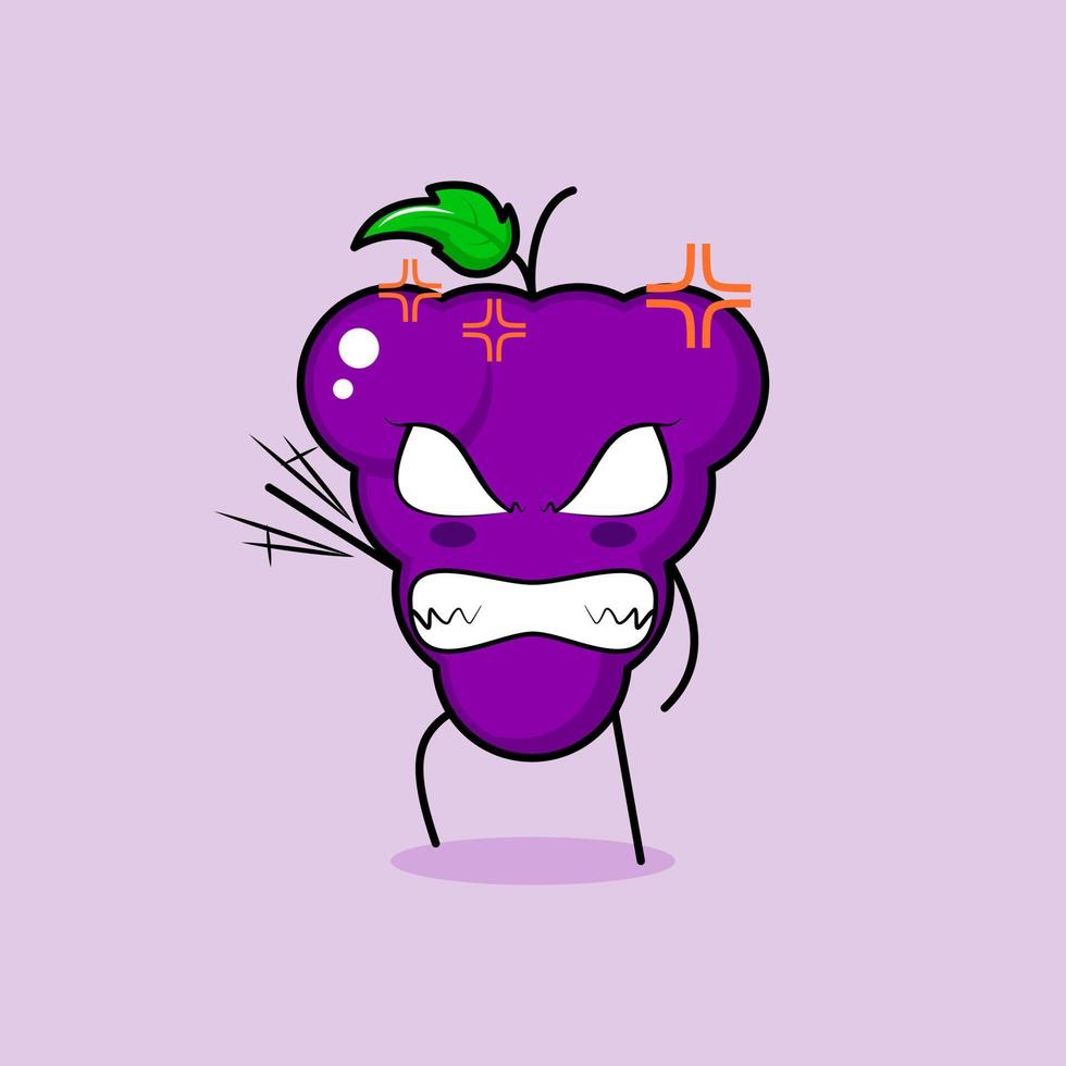 lindo personaje de uva con expresión enojada. verde y morado. adecuado para emoticono, logo, mascota. una mano levantada, ojos saltones y sonriente vector