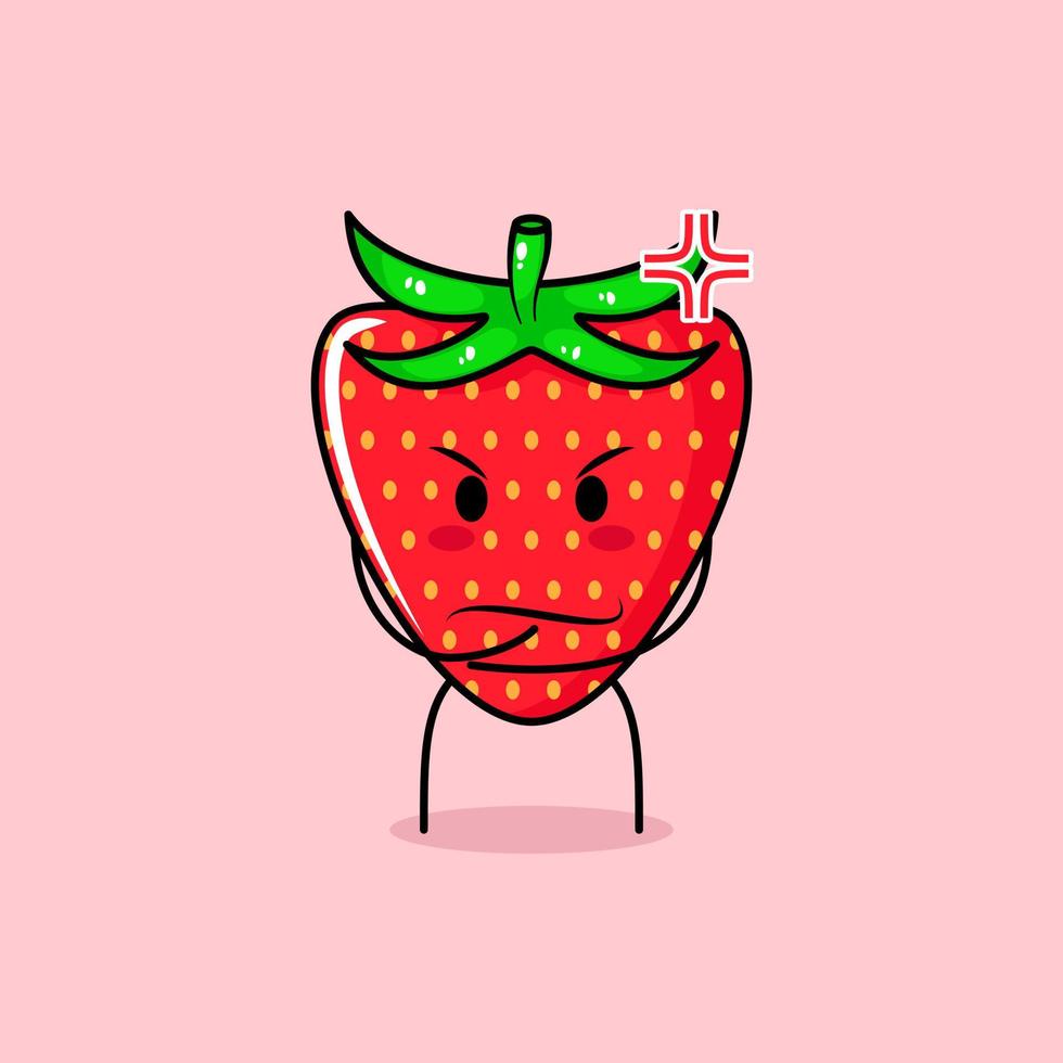 cute strawberry character with angry expression. green and red. suitable for emoticon, logo, mascot. one hand on chin vector