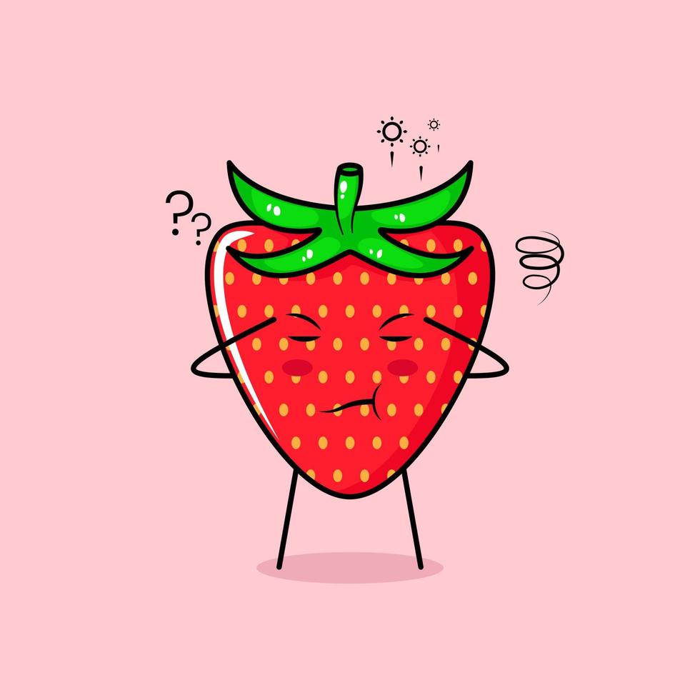 cute strawberry character with thinking expression, close eyes and two hands on head. green and red. suitable for emoticon, logo, mascot vector