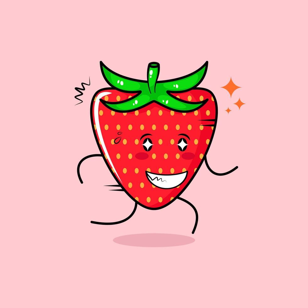 cute strawberry character with happy expression, sparkling eyes, run and smiling. green and red. suitable for emoticon, logo, mascot and icon vector