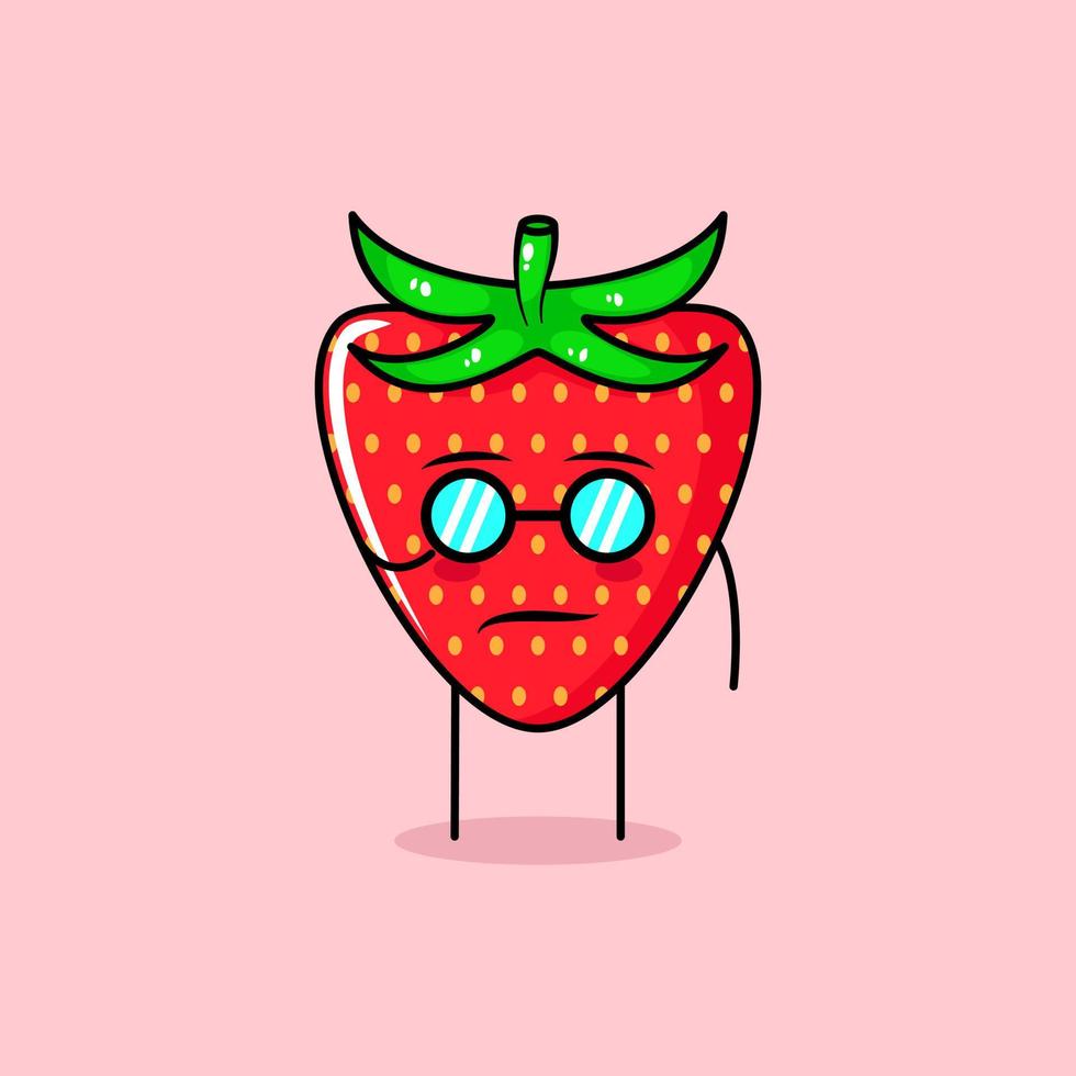 lindo personaje de fresa con expresión genial y anteojos. verde y rojo. adecuado para emoticonos, logotipos, mascotas o pegatinas vector