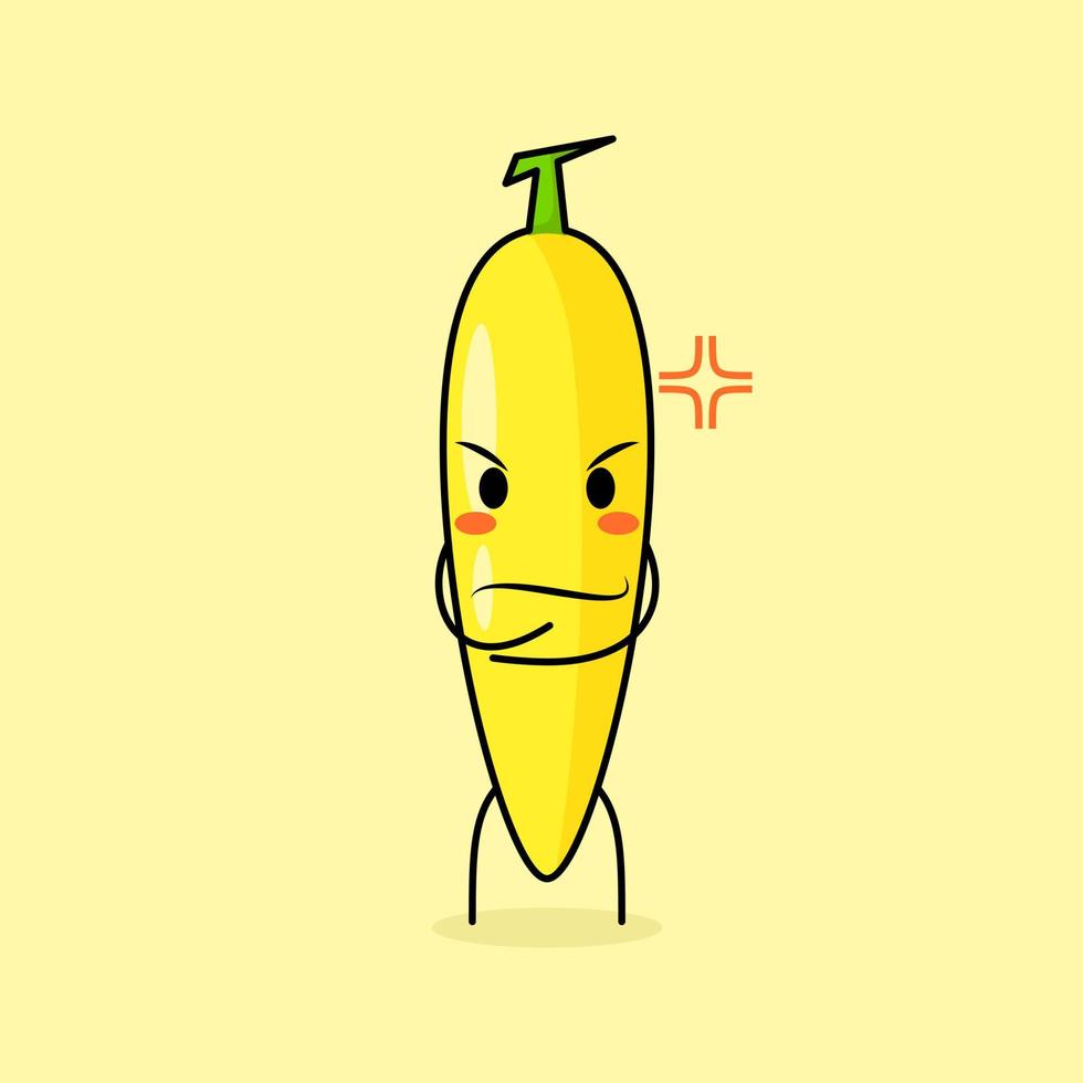 lindo personaje de plátano con expresión enojada. verde y amarillo. adecuado para emoticono, logo, mascota. una mano en la barbilla vector