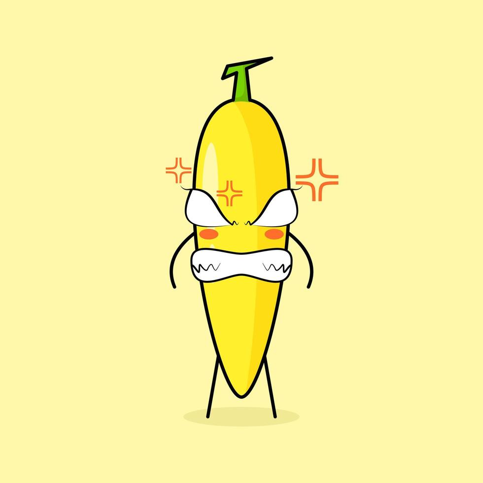 lindo personaje de plátano con expresión enojada. ojos saltones y sonrientes. verde y amarillo. adecuado para emoticonos, logotipos, mascotas vector