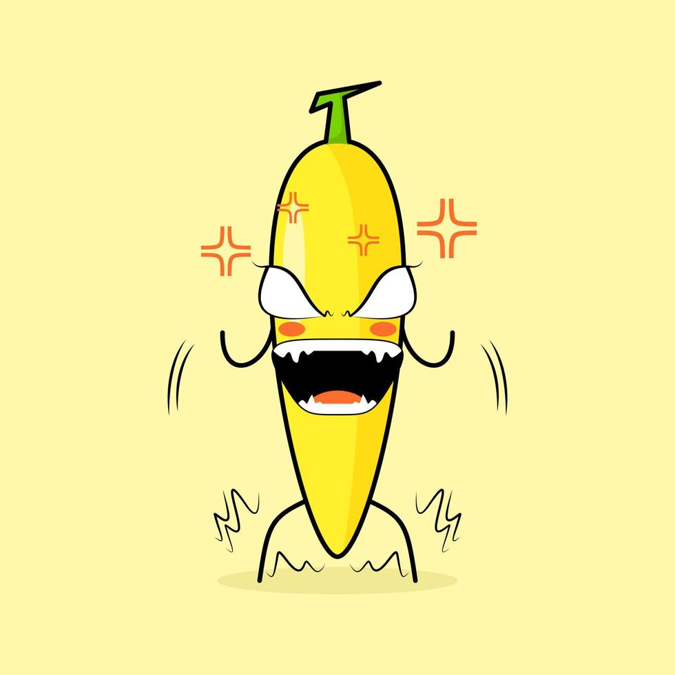 lindo personaje de plátano con expresión muy enojada. ojos saltones y boca abierta. verde y amarillo. adecuado para emoticonos, logotipos, mascotas vector