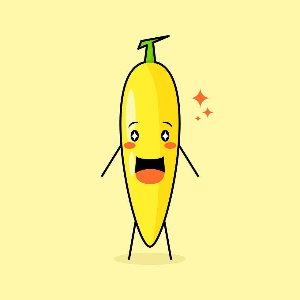 lindo personaje de plátano con sonrisa y expresión feliz, boca abierta y ojos brillantes. verde y amarillo. adecuado para emoticonos, logotipos, mascotas e iconos vector