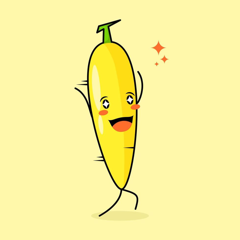 lindo personaje de plátano con sonrisa y expresión feliz, correr, dos manos arriba y ojos brillantes. verde y amarillo. adecuado para emoticonos, logotipos, mascotas e iconos vector