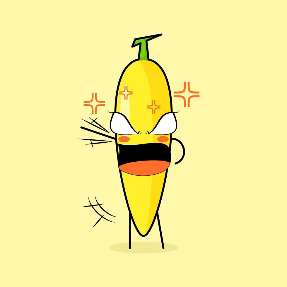 cute banana character with angry expression. green and yellow. suitable for emoticon, logo, mascot. one hand raised, eyes bulging and mouth wide open vector