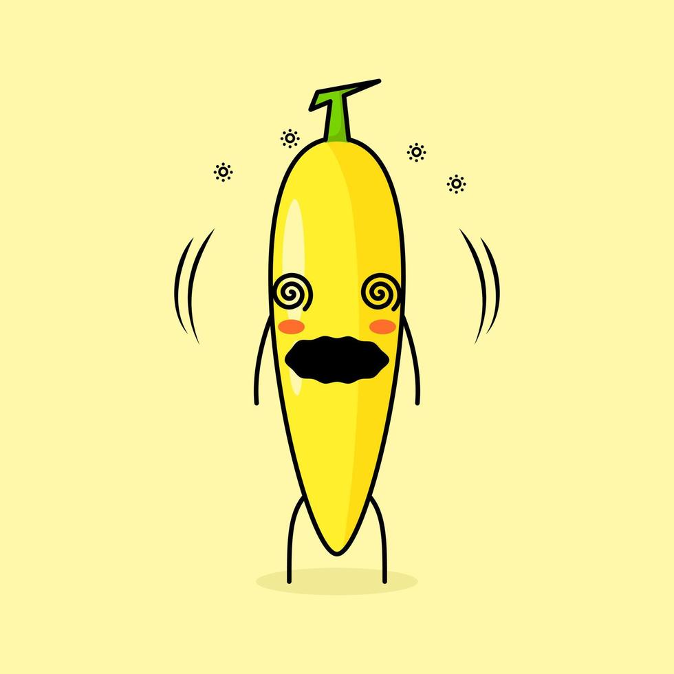 lindo personaje de plátano con expresión mareada y ojos rodantes. verde y amarillo. adecuado para emoticonos, logotipos, mascotas e iconos vector