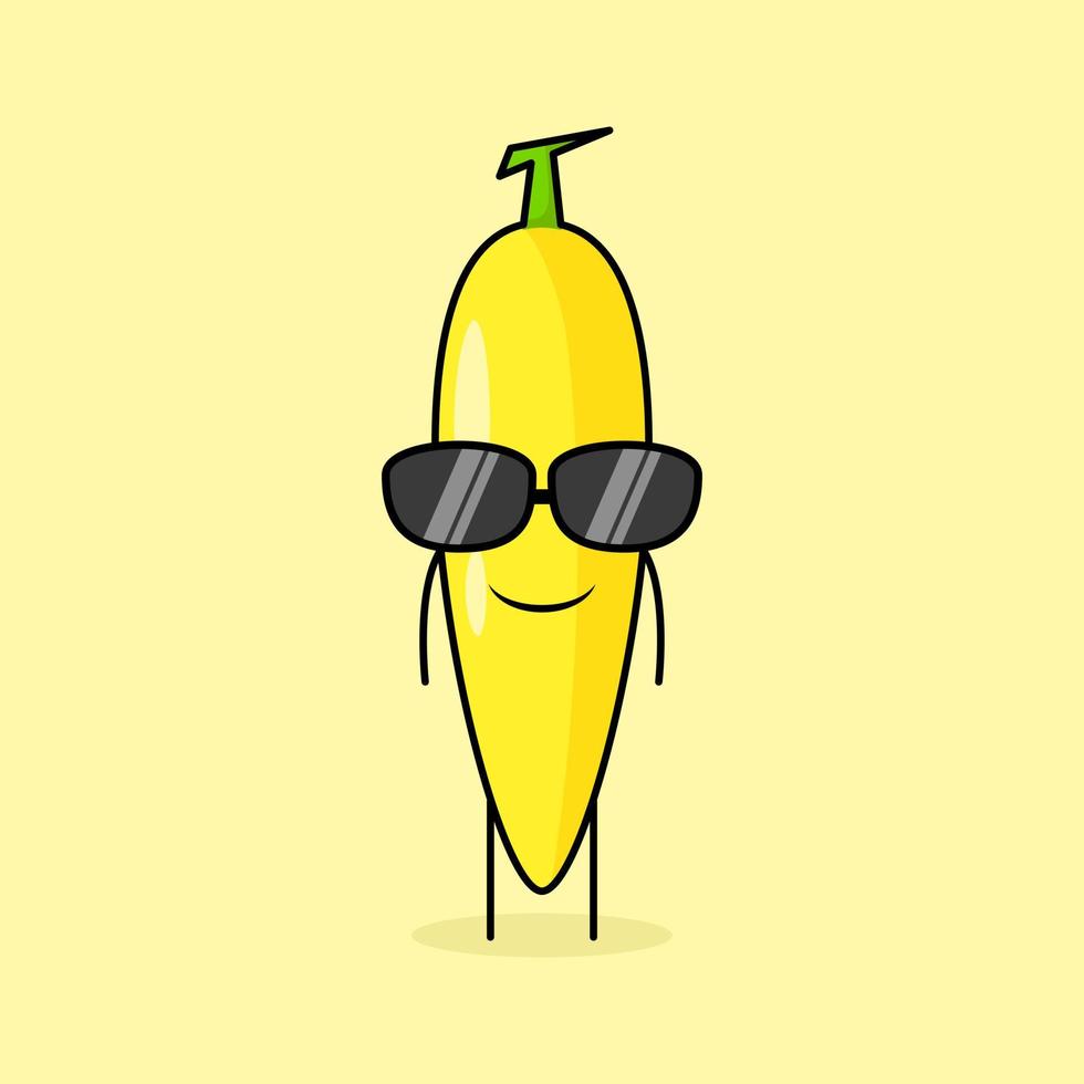 lindo personaje de plátano con expresión de sonrisa y anteojos negros. verde y amarillo. adecuado para emoticonos, logotipos, mascotas o pegatinas vector