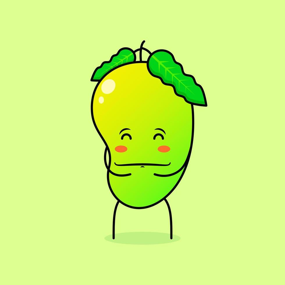 lindo personaje de mango con sonrisa y expresión feliz, ojos cerrados, ambas manos en el estómago y sonriendo. verde y naranja. adecuado para emoticonos, logotipos, mascotas e iconos vector