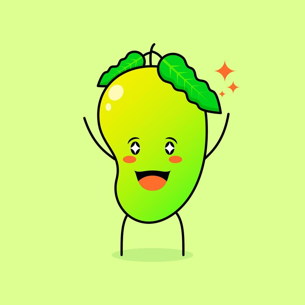 cute mango character with smile and happy expression, two hands up, mouth open and sparkling eyes. green and orange. suitable for emoticon, logo, mascot and icon vector