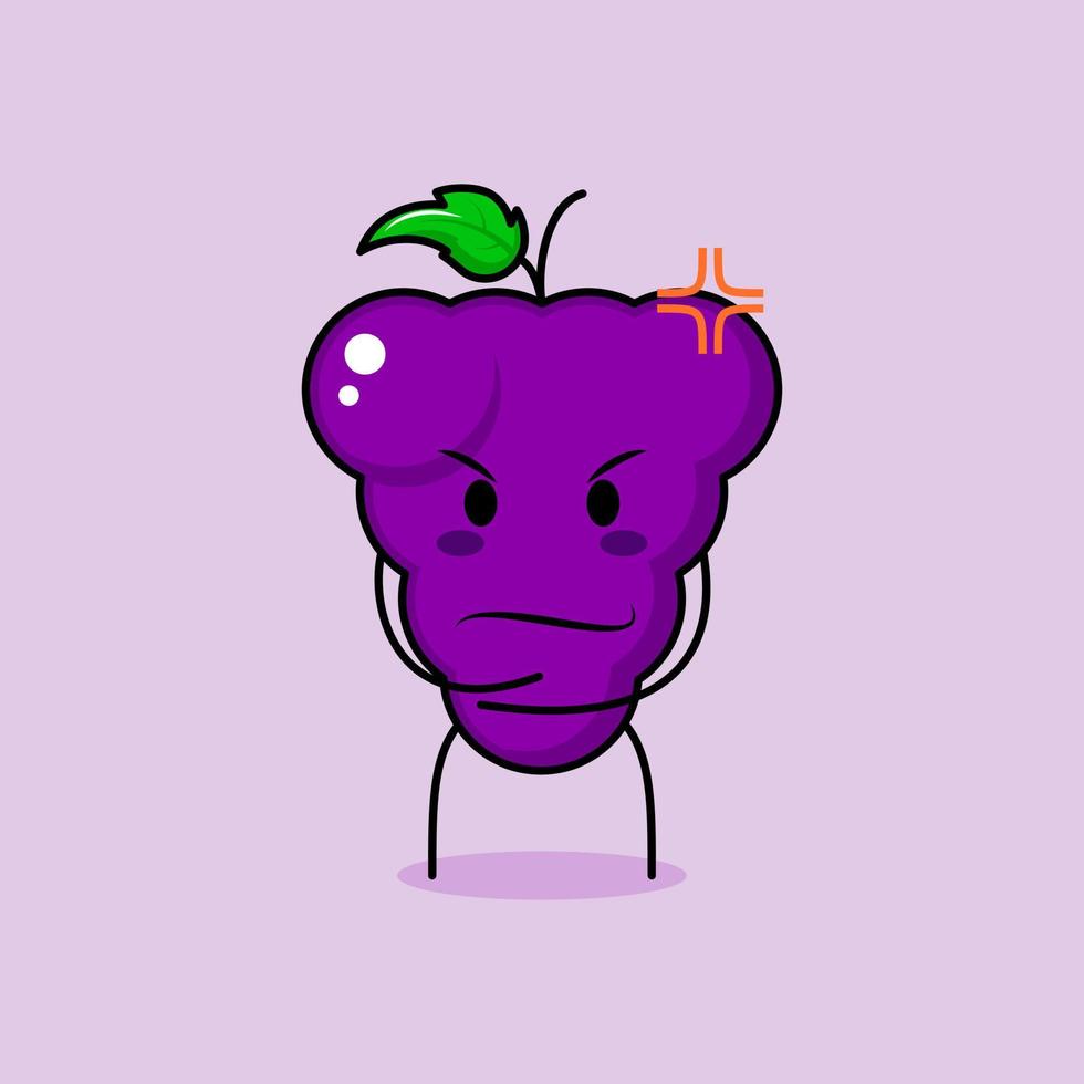 cute grape character with angry expression. green and purple. suitable for emoticon, logo, mascot. one hand on chin vector