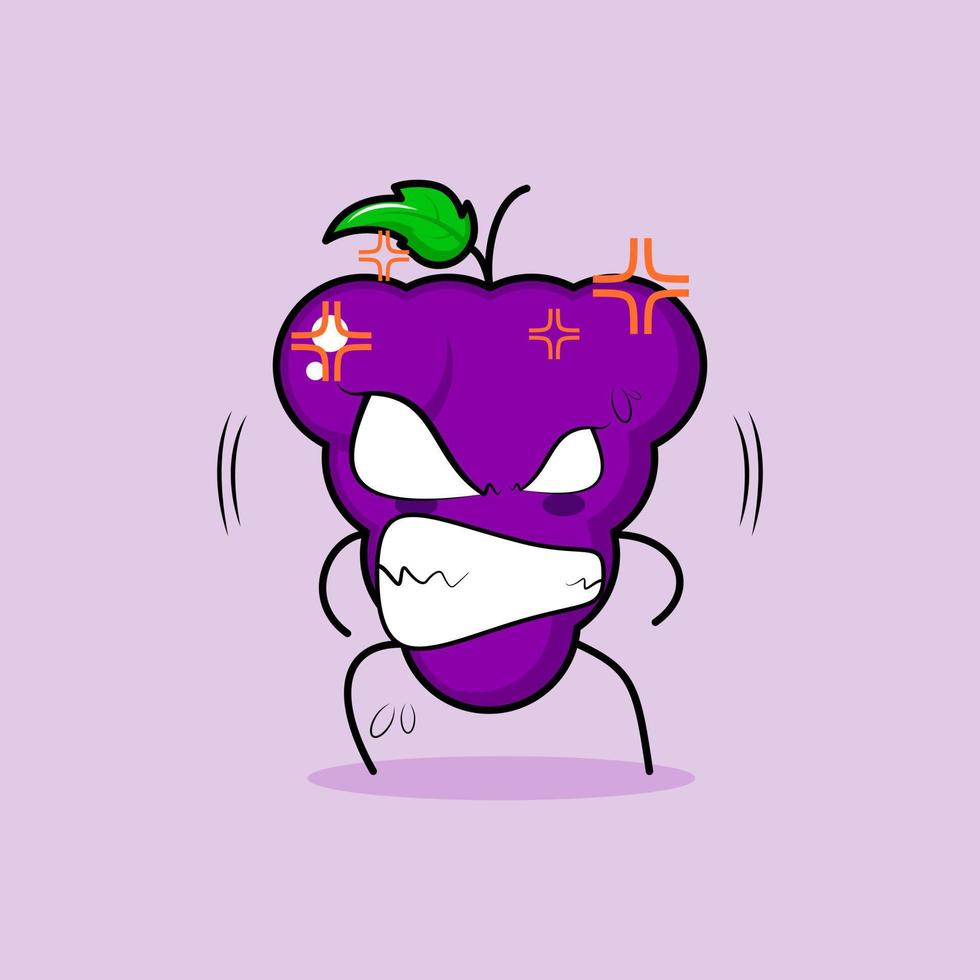 cute grape character with angry expression. eyes bulging and grinning. suitable for emoticon, logo, mascot and sticker. green and purple vector