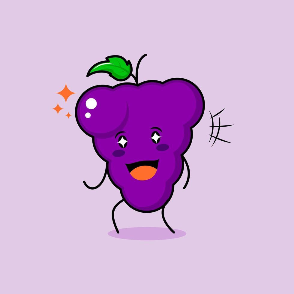 cute grape character with smile and happy expression, mouth open and sparkling eyes. green and purple. suitable for emoticon, logo, mascot and icon vector